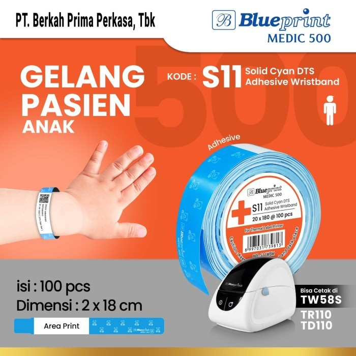 Gelang Pasien Anak Rumah Sakit 20x180 mm BLUEPRINT Medic 500 - Pink Biru
