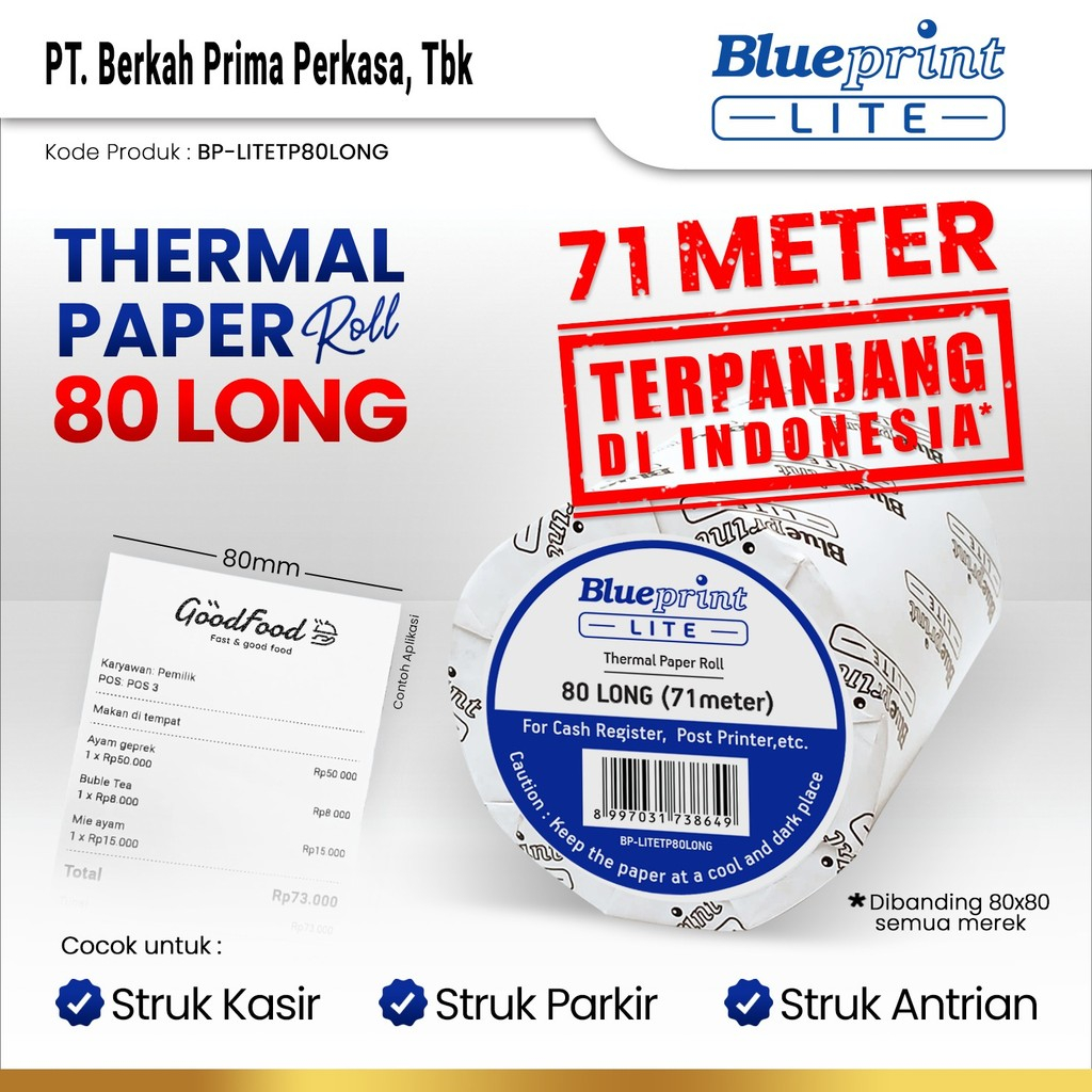 Kertas Thermal / Kertas Struk / Kertas Kasir BLUEPRINT LITE 80 LONG 71 METER 80x80