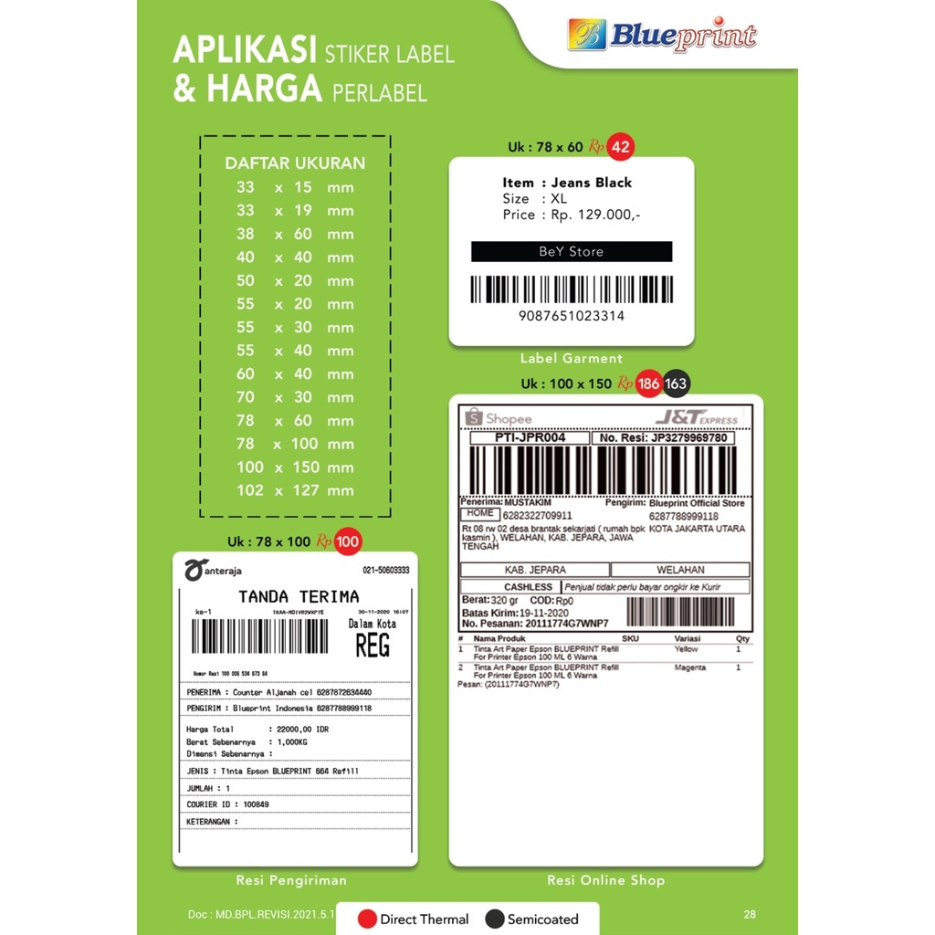 Direct Thermal Sticker 100 x 150 mm BLUEPRINT ECO Label Resi A6 500pcs - Gambar 2