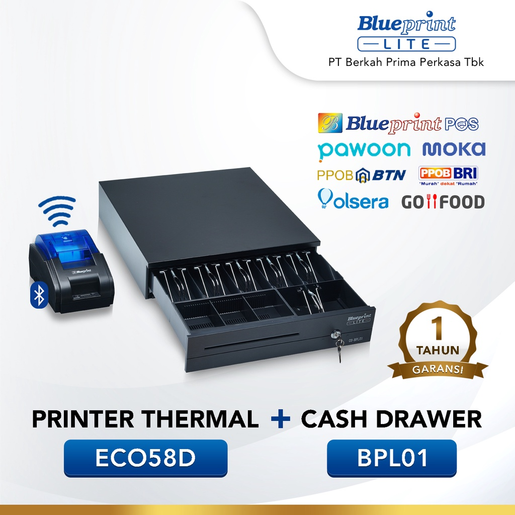 Paket Alat Kasir BLUEPRINT Printer Thermal ECO58D + Cash Drawer CD-BPL01 40x42x11 Cm
