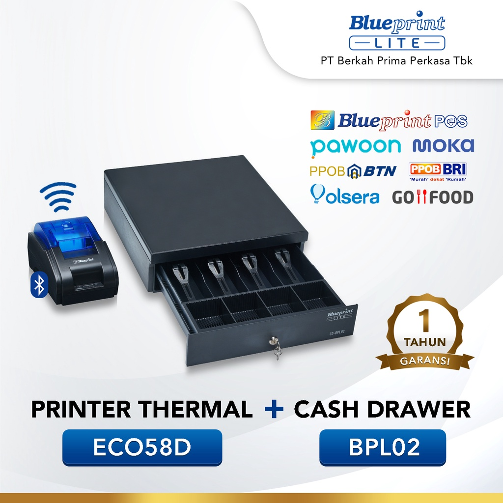 Paket Alat Kasir BLUEPRINT Printer Thermal ECO58D + Cash Drawer CD-BPL02 34x36x10,8 Cm