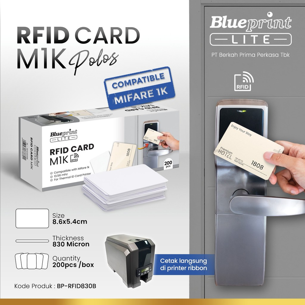 Kartu RFID M1K Polos 13.56Mhz Blueprint Lite 8,6 x 5,4 cm 830 Micron Kompatibel MIFARE 1K