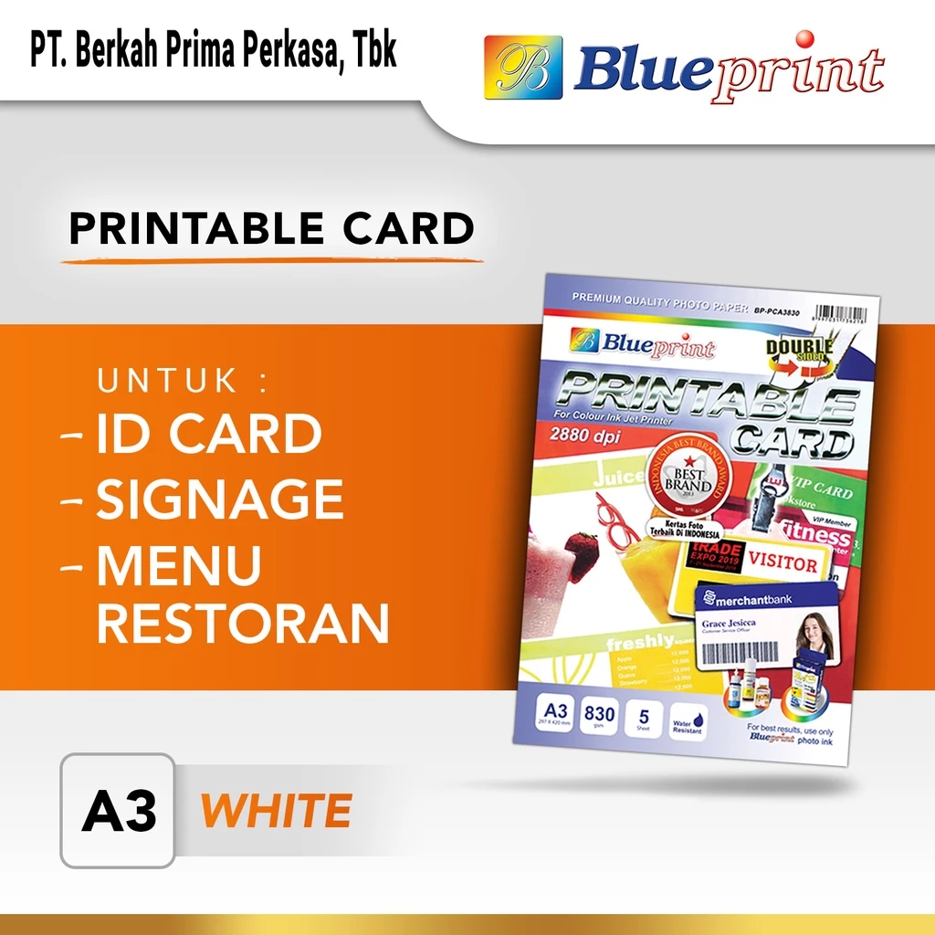 Kertas PVC ID Card BLUEPRINT Printable Card White Double Side 830 Micron - A3