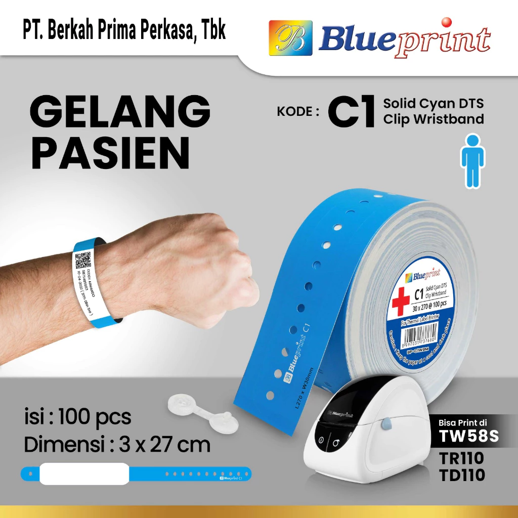 Direct Thermal Clip ID Band BLUEPRINT 3x27 Cm Gelang Pasien Dewasa - Biru Solid