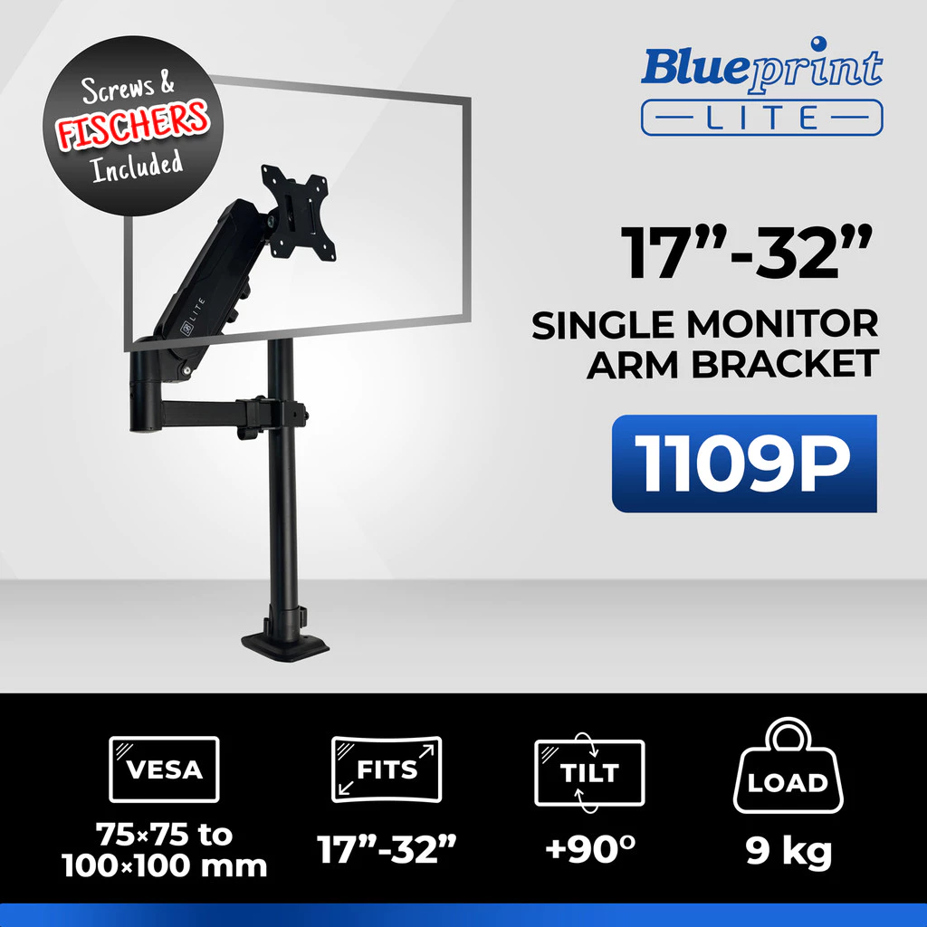 Bracket TV LED LCD Monitor 17-32 Inch Blueprint Lite 1109P Single Arm Desk Mount VESA 75x75 to 100x100 Tilt 90° Max 9Kg
