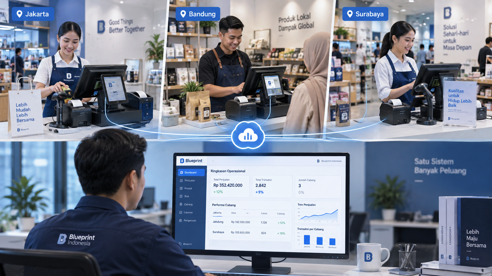 Sistem kasir multi-cabang Blueprint dengan TPOS, MPOS, printer thermal, scanner, dan dashboard operasional