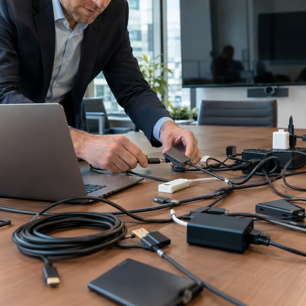 Kabel dan adaptor berantakan menghambat persiapan meeting