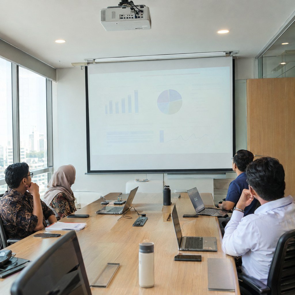 Proyektor terlihat redup saat lampu ruang meeting menyala